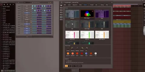 Interface de FL Studio montrant les options de thèmes, avec des aperçus de "Dark orange 2" et "Light tangerine" parmi d'autres.
