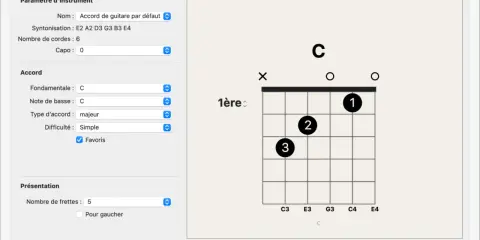 Éditeur de grille d'accords affichant un diagramme pour l'accord de Do majeur, avec les doigts 1, 2 et 3 positionnés.