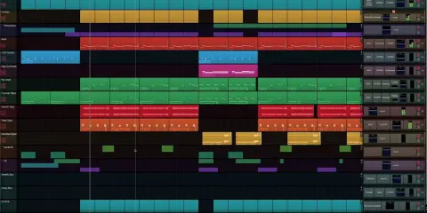 Tableau d'une station de travail audio numérique, montrant des pistes pour la **mao musique** : batterie, basse, synthés et effets.