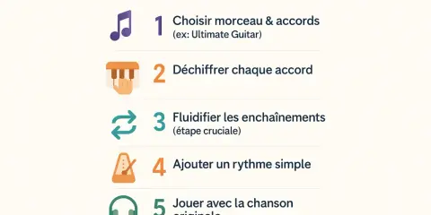 Guide pour accompagner une chanson : choisir le morceau, déchiffrer chaque accord de piano, fluidifier les enchaînements, ajouter un rythme et jouer avec la chanson originale.