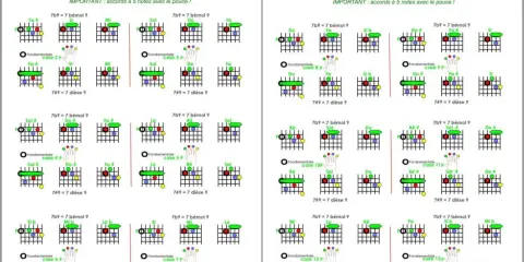 Diagrammes d'accords de guitare pour les 7b9 et 7#9, montrant les doigtés pour différentes notes fondamentales.