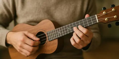 Main d'un musicien jouant un ukulélé, ses doigts formant un nom d'accord guitare sur le manche.