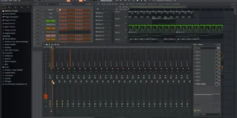 Le fl studio mixer montre des curseurs de volume pour chaque piste, avec le Master en surbrillance.