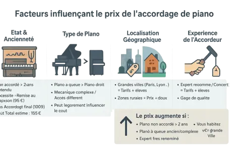 Facteurs influençant le prix de l'accordage de piano : état, type, localisation et expérience de l'accordeur. Le prix augmente si le piano est ancien ou à queue.
