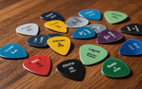 Un assortiment de médiators de guitare de différentes couleurs, chacun portant un nom ou un chiffre. Un médiator triangle jaune avec "Pecren & foop" est au centre.
