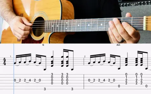 Un guitariste joue un riff guitare entraînant, avec la partition et la tablature affichées.
