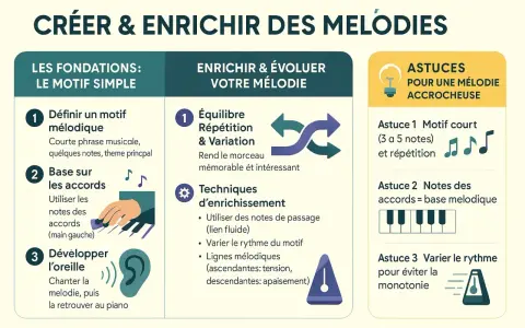 Guide pour créer une mélodie : définir un motif, utiliser les accords au piano, développer l'oreille, équilibrer répétition et variation, et enrichir avec des astuces pour une composition accrocheuse.