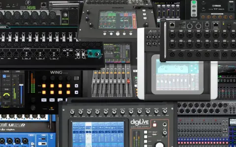 Une collection de consoles de mixage numériques et d'interfaces audio, dont une table de mixage virtuelle affichée sur une tablette.