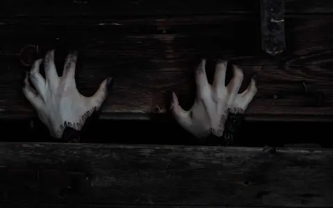 Mains pâles aux doigts noircis sortant d'une caisse en bois sombre, évoquant une musique qui fait peur au piano.