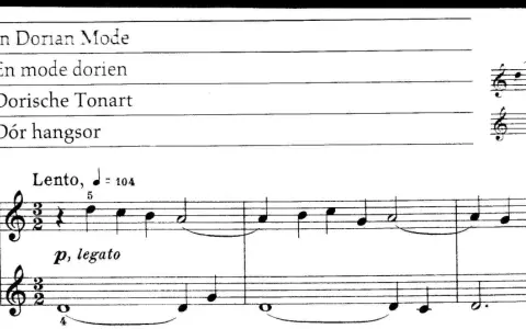 Partition musicale indiquant le mode dorien. Une mélodie douce et liée commence, jouée en tempo Lento.