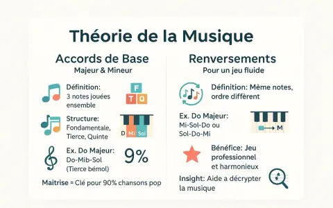 Théorie musicale : accords de base et renversements, avec un exemple de Do Majeur au piano.