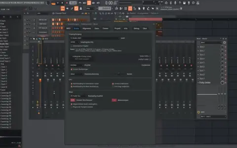 Interface FL Studio avec la fenêtre des paramètres audio ouverte, affichant les options du mixeur et les pistes.