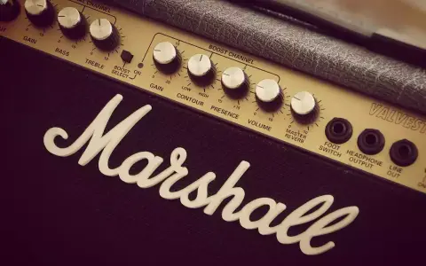 Gros plan sur un ampli guitare Marshall, avec ses potentiomètres Gain, Bass, Treble, Contour, Presence, Volume et Reverb. Idéal pour savoir quel ampli guitare choisir.