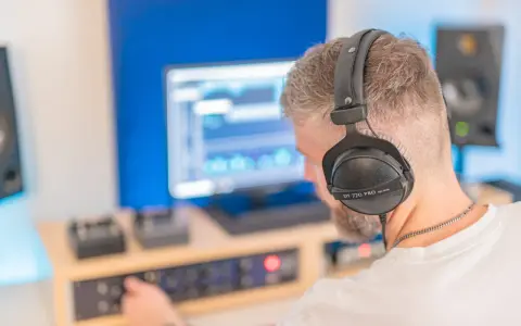 Un homme avec un casque sur les oreilles ajuste les réglages sur une console pour faire un EP dans son studio d'enregistrement.