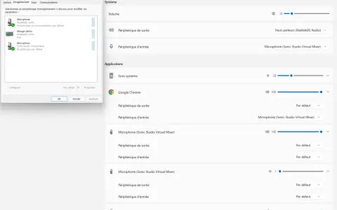 Fenêtre du mélangeur de volume de Windows 11, ajustant le mixage stéréo et les périphériques d'entrée/sortie pour les applications.