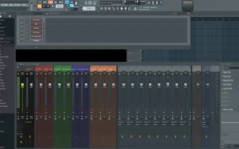 Interface de FL Studio pour un tuto : vue du mixeur avec des pistes nommées (Submix, Vox Mix, etc.) et des plugins.