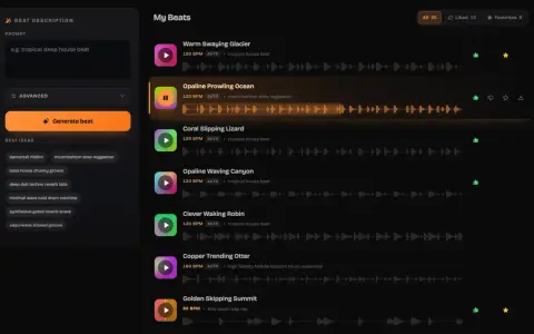 Interface de création musicale affichant des "paternes" de rythmes, avec des options pour générer de nouveaux sons et une liste de créations existantes.