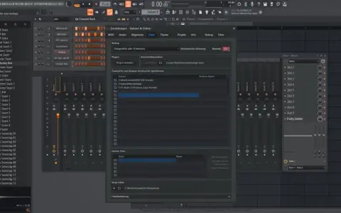 Fenêtre "Paramètres" de FL Studio, onglet "Fichiers". L'utilisateur cherche à mettre FL Studio en français en configurant les chemins des plugins.