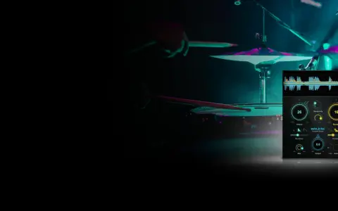 Un batteur frappe une cymbale, tandis qu'un logiciel de Transient Shaper ajuste le son.