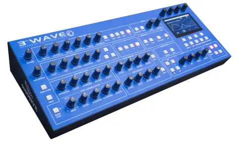 Synthétiseur bleu 3rd Wave, idéal pour apprendre à mixer de la techno. Boutons, molettes et écran pour créer des sons.