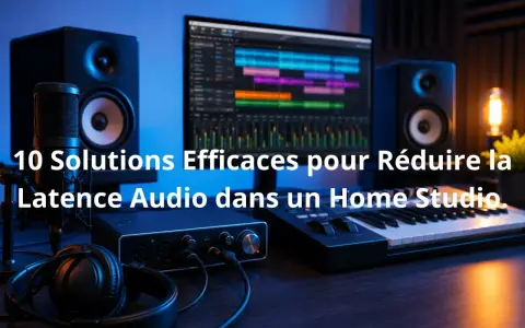 Studio d'enregistrement avec micro, casque, carte son, clavier et écran affichant une piste audio. Idéal pour éviter d'avoir de la latence.