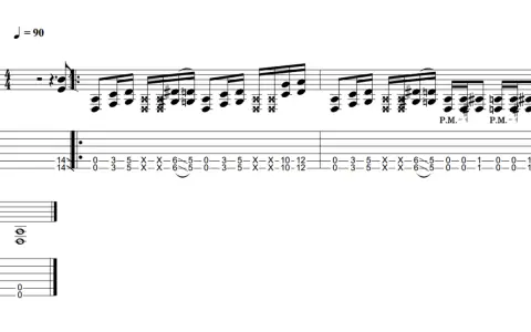 Partition de guitare avec indication de tempo J=90. La tablature montre une séquence de notes, incluant des "X" pour les cordes étouffées, et des indications de "P.M." (palm mute). Le "drop d" est suggéré par la position des notes.