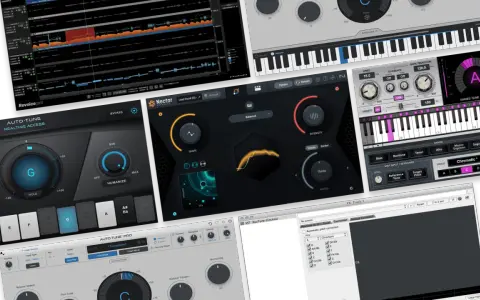 Logiciels de production musicale montrant qu'est-ce que l'autotune, avec des claviers virtuels et des réglages de correction vocale.