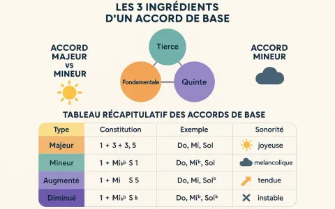 Schéma expliquant les ingrédients d'un accord de base : fondamentale, tierce, quinte. Tableau comparant les accords majeurs et mineurs, leurs constitutions et sonorités.