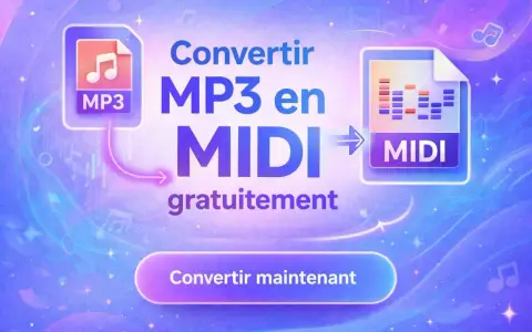 Convertir MP3 en MIDI gratuitement. L'image montre un processus de conversion audio vers MIDI, avec des icônes MP3 et MIDI.