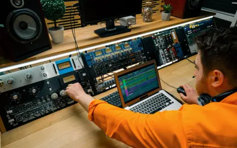 Un ingénieur du son ajuste les réglages sur une console audio, maîtrisant son studio pour un mixage parfait.