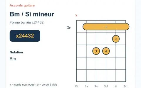 Diagramme d'accord de guitare pour le bm accord guitare, forme barrée x24432.