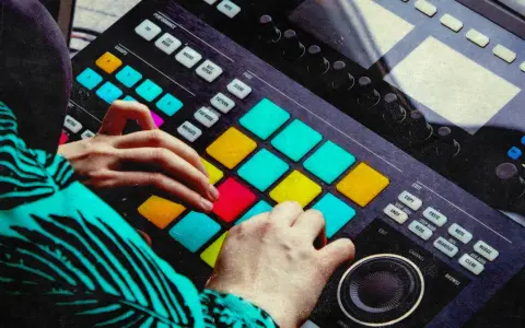 Mains d'un musicien jouant sur un instrument midi coloré, créant des rythmes avec les pads lumineux.