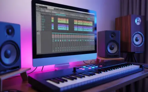 Un **synthétiseur techno** prêt à créer des rythmes. Un écran affiche une table de mixage, des enceintes et des lumières d'ambiance complètent l'espace de création musicale.