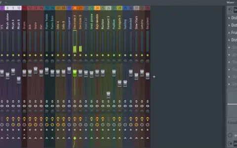 Tableau de mixage avec pistes nommées : "entrée midi", "Vocals", "Drums", "Piano", "Cello", "Electrode", "Machine", "Padilion", "Eurogate", "Swirling", "Rivendell", "Slow Stars", "Lumeria", "Decadent".