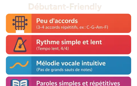 Tableau "Débutant-Friendly" : peu d'accords, rythme simple et lent (tempo lent), mélodie intuitive, paroles simples.