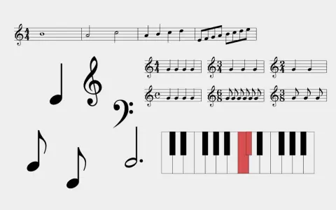 Diverses notes de musique, portées et un clavier de piano avec une touche rouge.