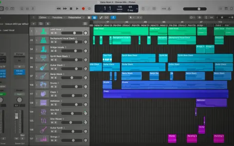 Interface d'un logiciel arrangeur musical gratuit, montrant des pistes audio et MIDI pour voix, guitare, basse, batterie et synthétiseurs.