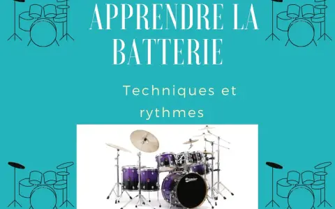 Apprendre la batterie : une composition batterie musique pour maîtriser techniques et rythmes. Une batterie violette Premier est mise en avant.
