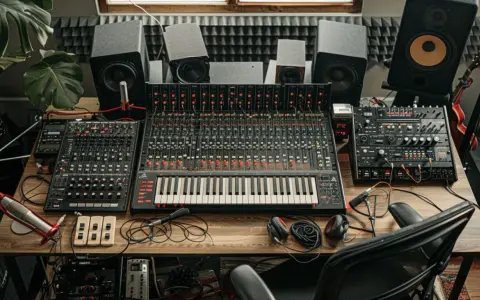 Studio d'enregistrement avec table de mixage, synthétiseurs et enceintes. Un espace dédié au mix audio, prêt à créer des sons uniques.