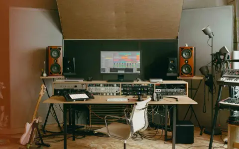 Un studio d'enregistrement avec des enceintes, un ordinateur affichant une station de travail audio numérique, des claviers, une guitare et divers équipements. C'est ici que le producteur de musique crée des sons.