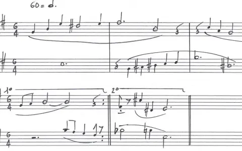 Partitions manuscrites avec des notes de musique en anglais, indiquant un tempo de 60.