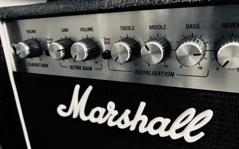 Gros plan sur le panneau de contrôle d'un ampli Marshall, avec les réglages de volume, gain, égalisation (treble, middle, bass) et reverb. Parfait pour le réglage ampli guitare acoustique.
