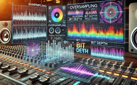Table de mixage avec écrans affichant des graphiques d'ondes et des indicateurs de signal numérique, tels que le "bit depth" et l'"oversampling".