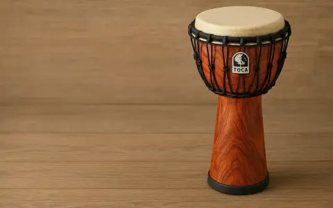 Un djembé Toca, un instrument de percussions africaines, repose sur un fond en bois.