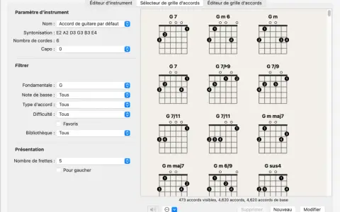 Bibliothèque de grilles d'accords affichant plusieurs diagrammes de notation d'accords de guitare, avec des options de filtrage sur la gauche.