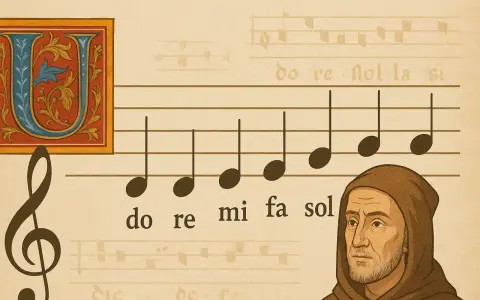 Une note de musique en lettre ornée, un moine pensif et des notes musicales sur une partition ancienne.