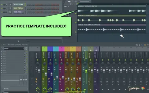 Interface de Fl Studio avec un template de pratique inclus pour la mélodie, la batterie et les snares.