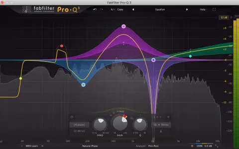 Interface du FabFilter Pro-Q 3 avec courbes d'égalisation colorées et analyseur de spectre.