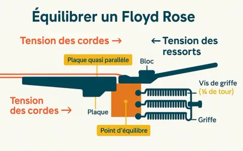 Diagramme expliquant l'équilibre d'un Floyd Rose, montrant la tension des cordes, des ressorts, la plaque et le point d'équilibre.