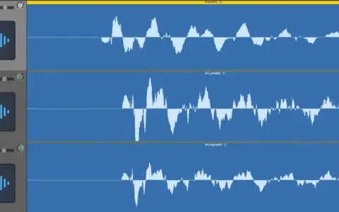 Visualisation des formes d'onde audio pour une piste de snare et deux pistes overhead (gauche et droite).